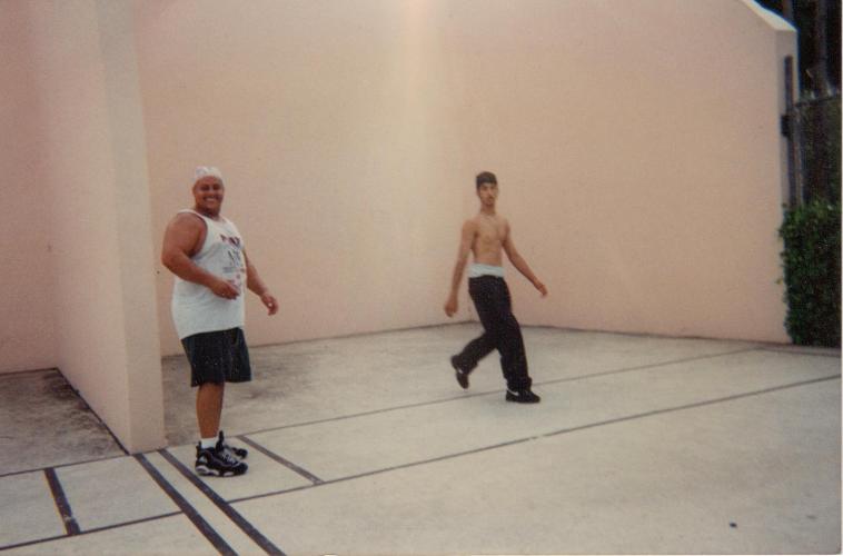 Dad and Po playing handball 